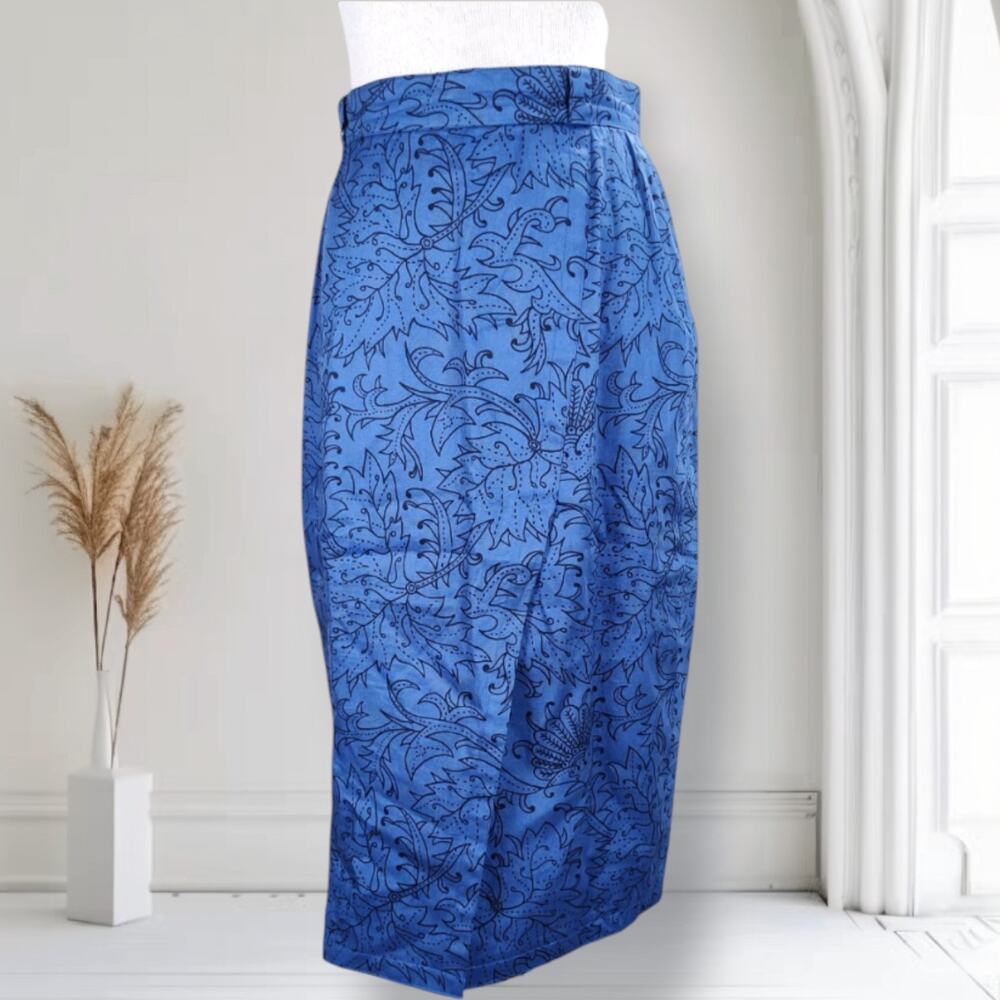 Vintage 90s Gianni Versace Istante Blue Botanical Pencil Skirt Italy COA US 6